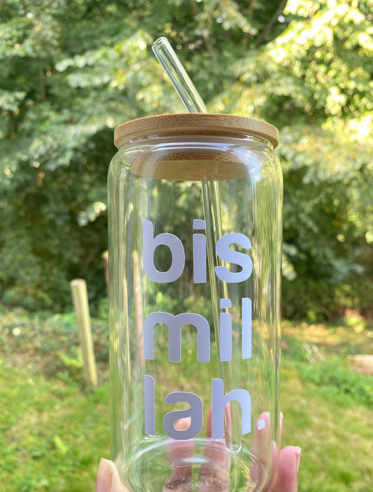 Bismillah Soda Can Glass - With Bamboo Lid and Straw