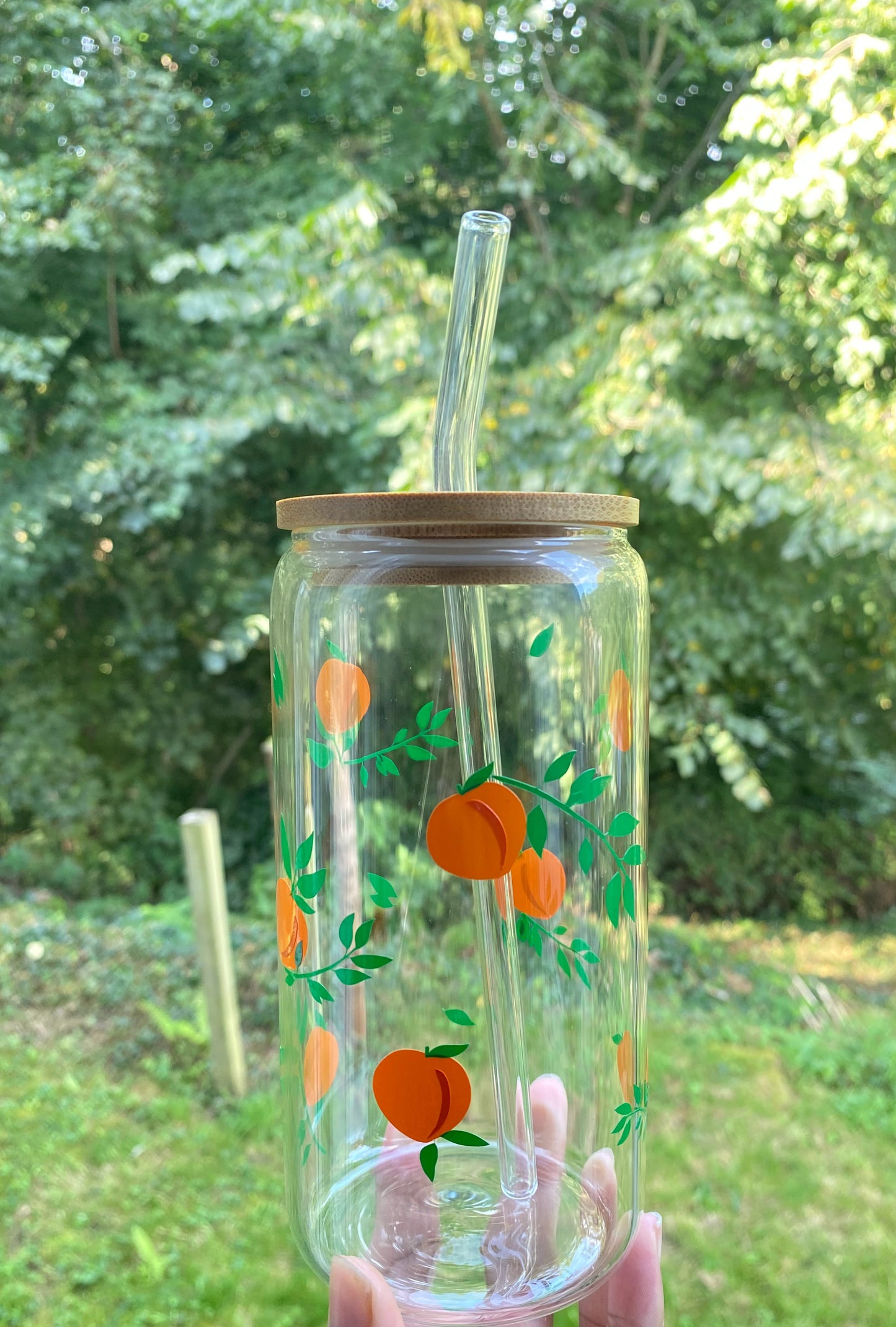 Peach Floral Soda Can Glass - With Bamboo Lid and Straw